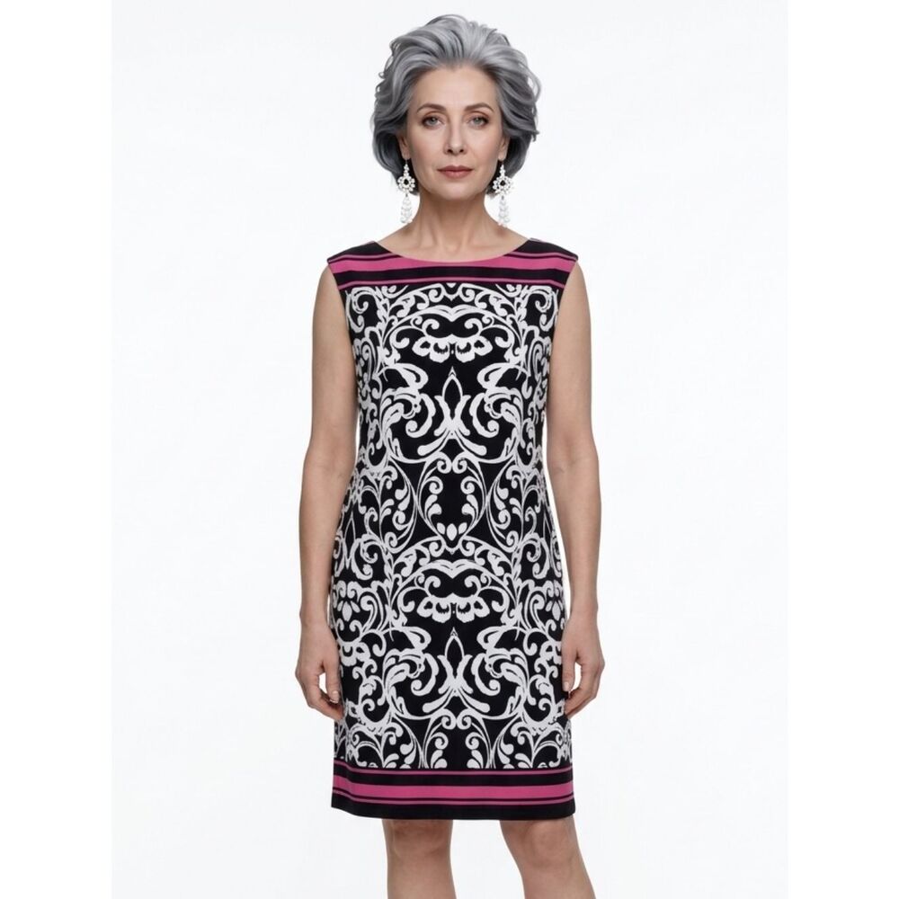 Jessica Howard Black White & Pink Baroque Print Boat Neck Shift Dress Size M